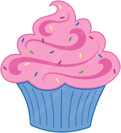 Cute cupcake with pink frosting with swirls and sprinkles and a blue cupcake wrapper. Copyright Wendee Pease, CraftingSparkle.com 2025